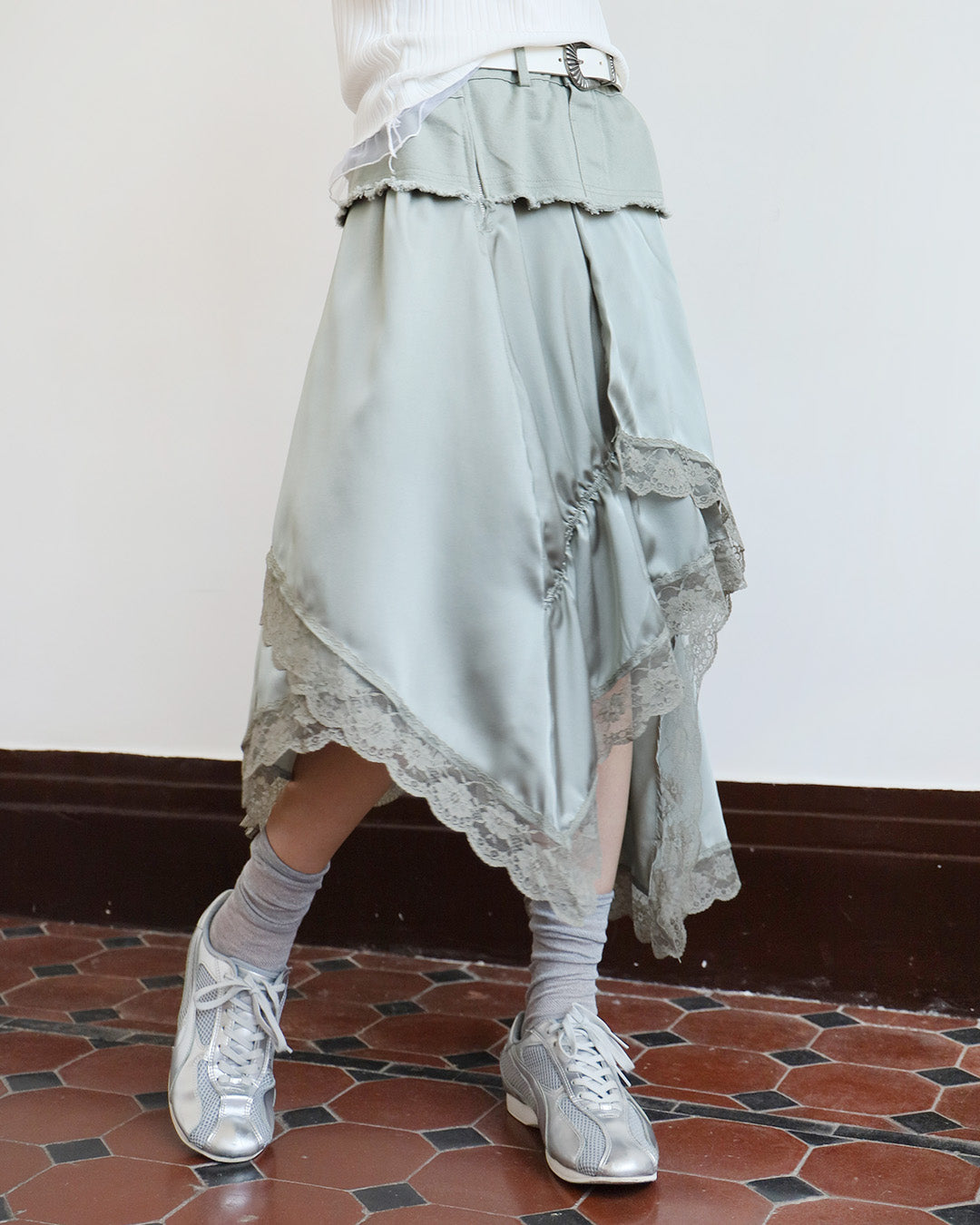 Denim x Silky Layered Skirt