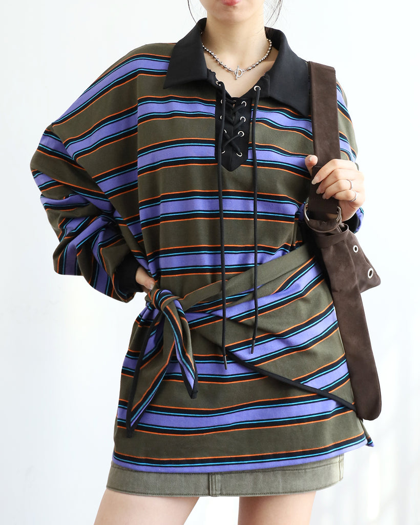 Lace Up Striped Polo Shirt w/ Scarf (Set)