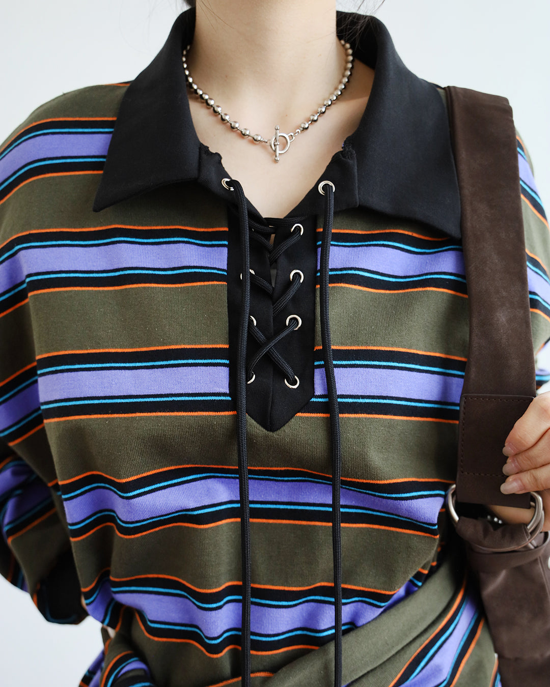 Lace Up Striped Polo Shirt w/ Scarf (Set)