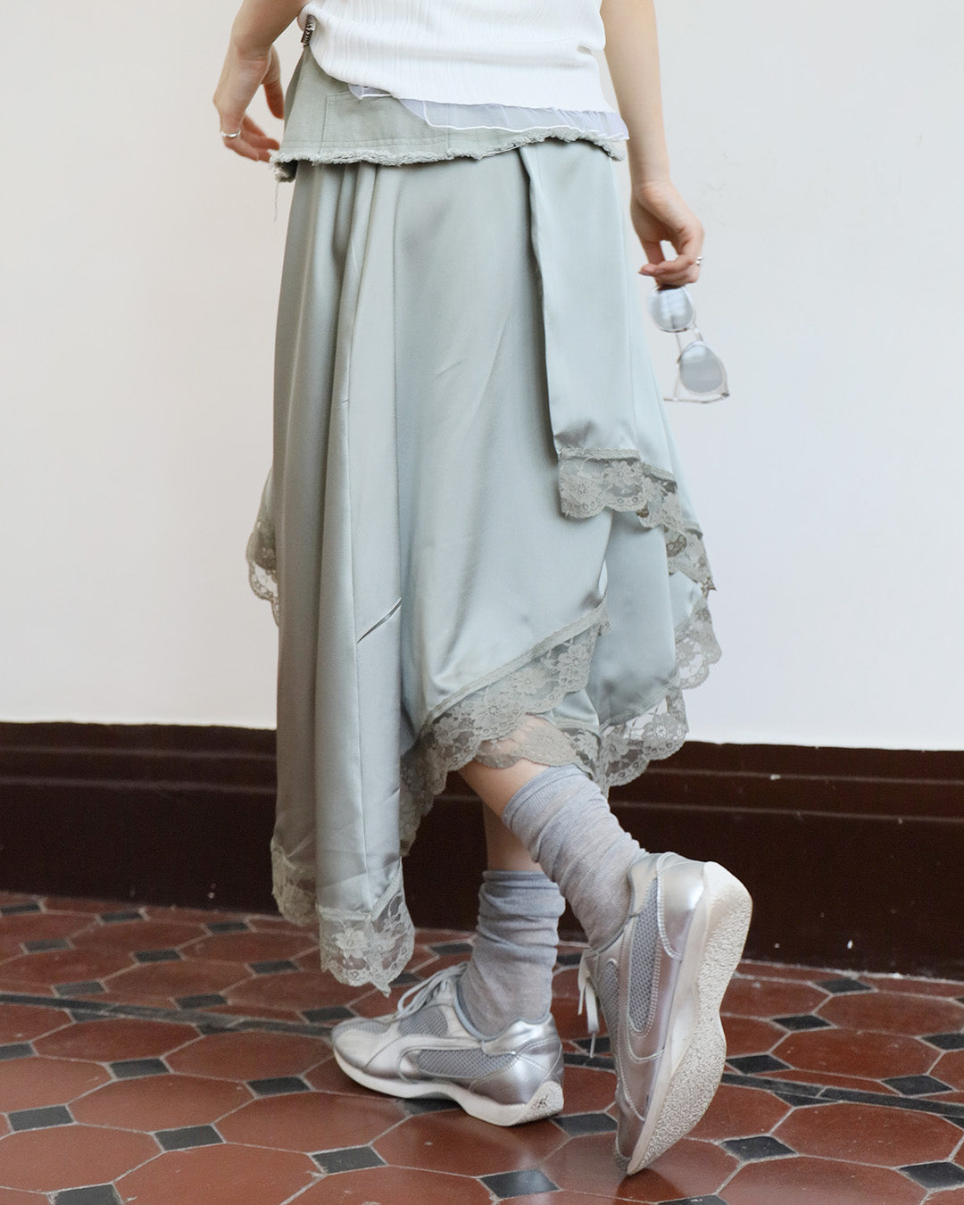 Denim x Silky Layered Skirt