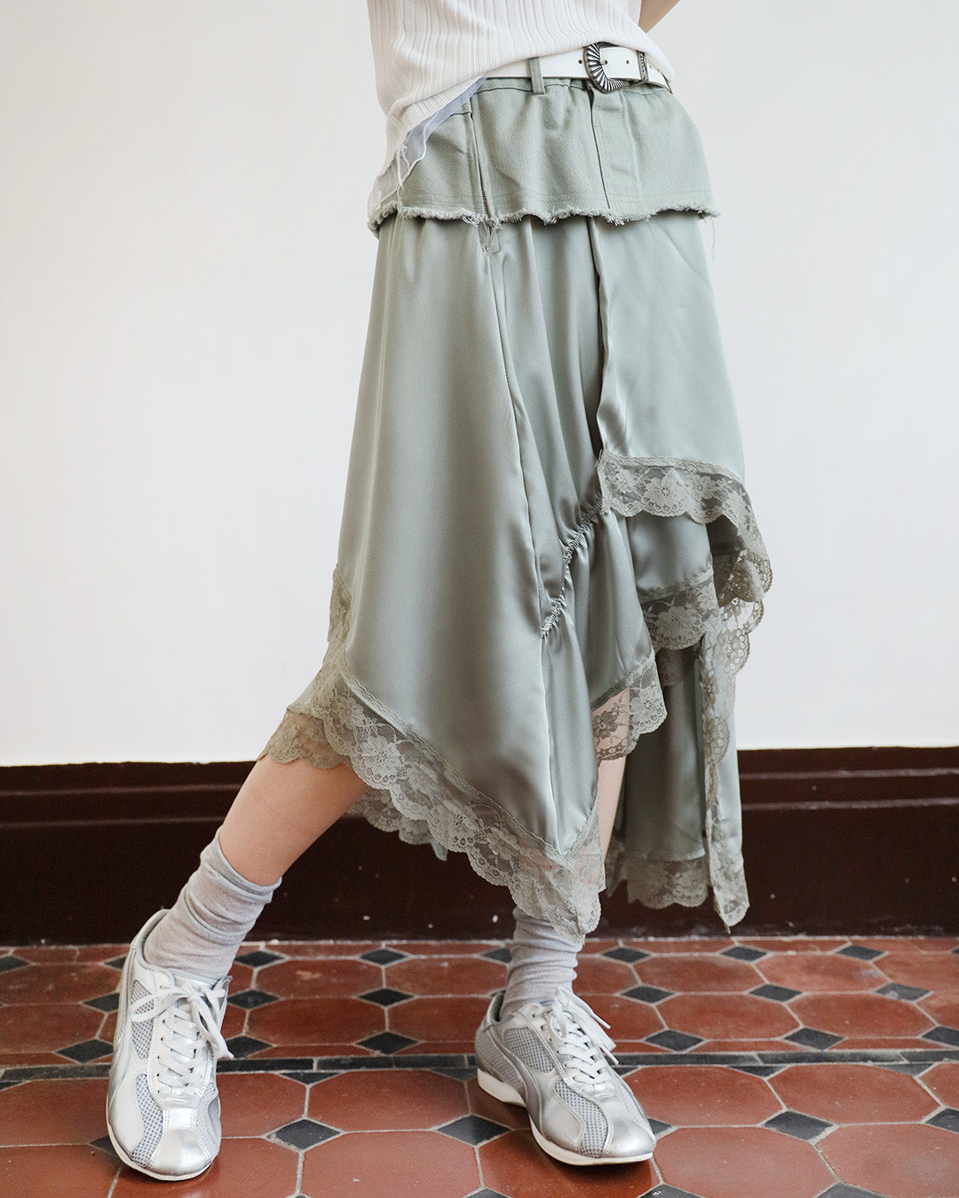 Denim x Silky Layered Skirt