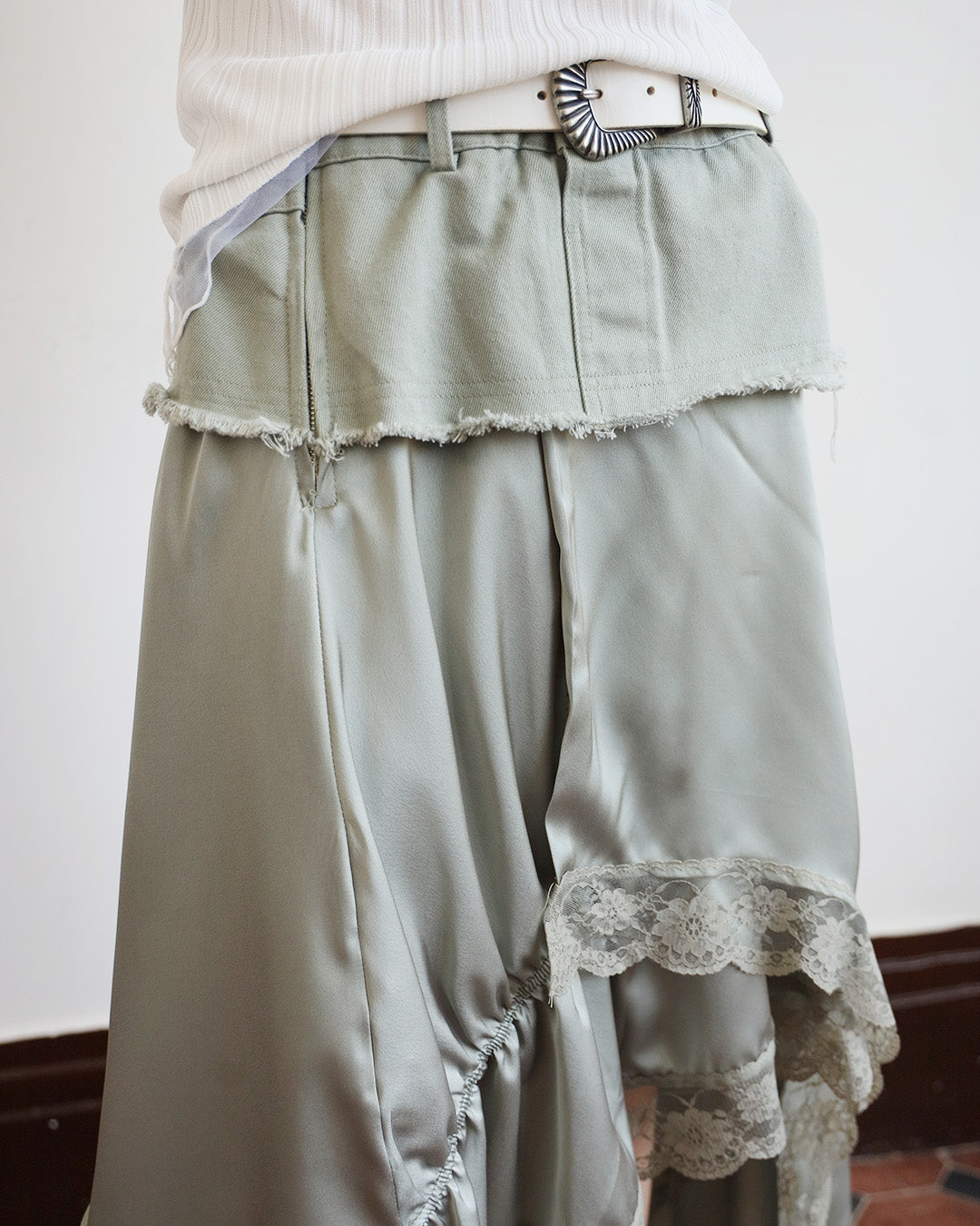 Denim x Silky Layered Skirt