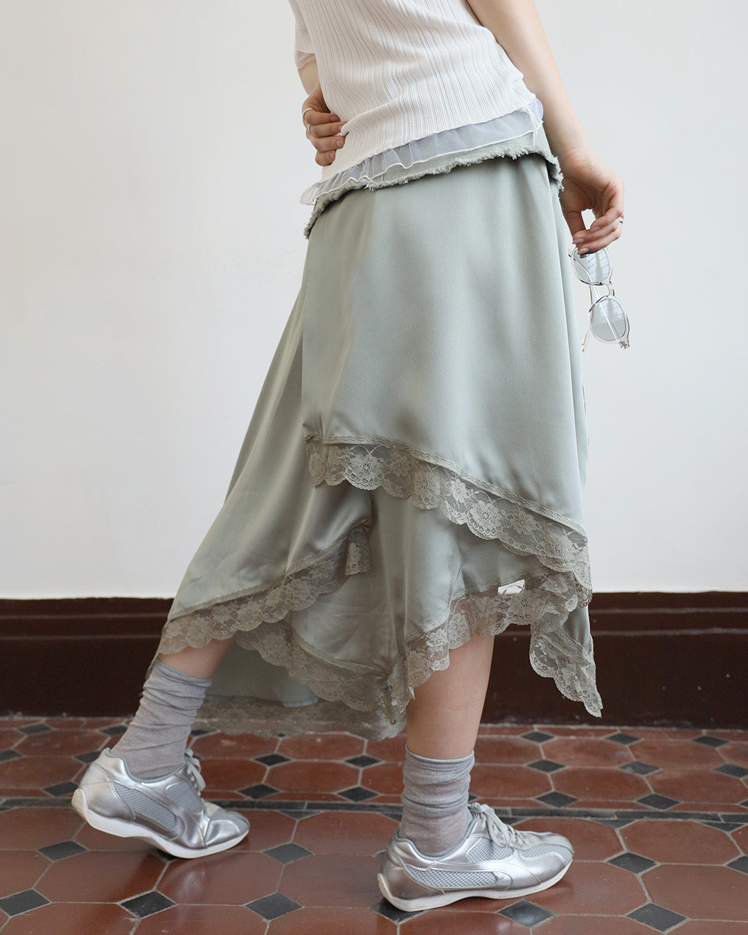 Denim x Silky Layered Skirt