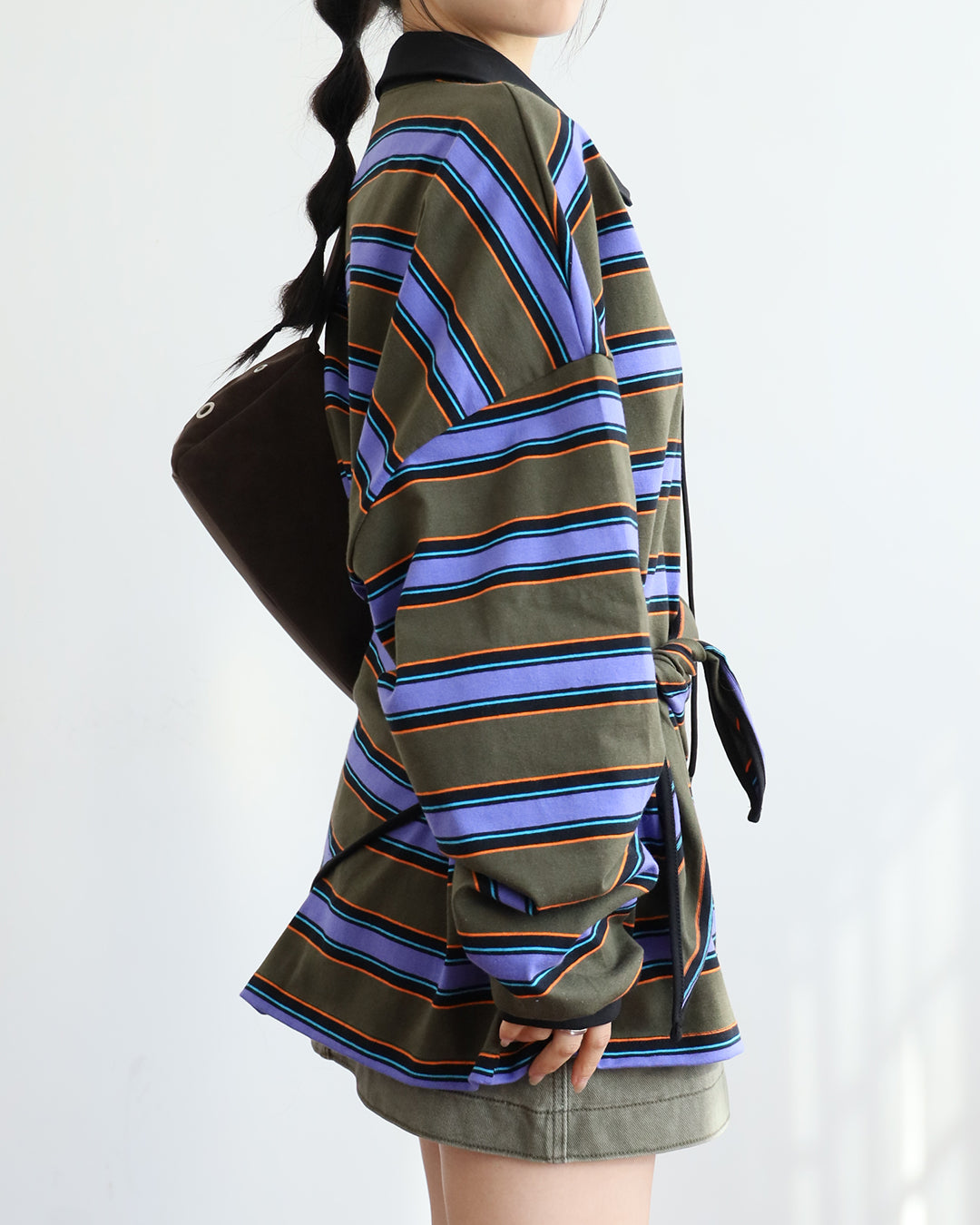 Lace Up Striped Polo Shirt w/ Scarf (Set)