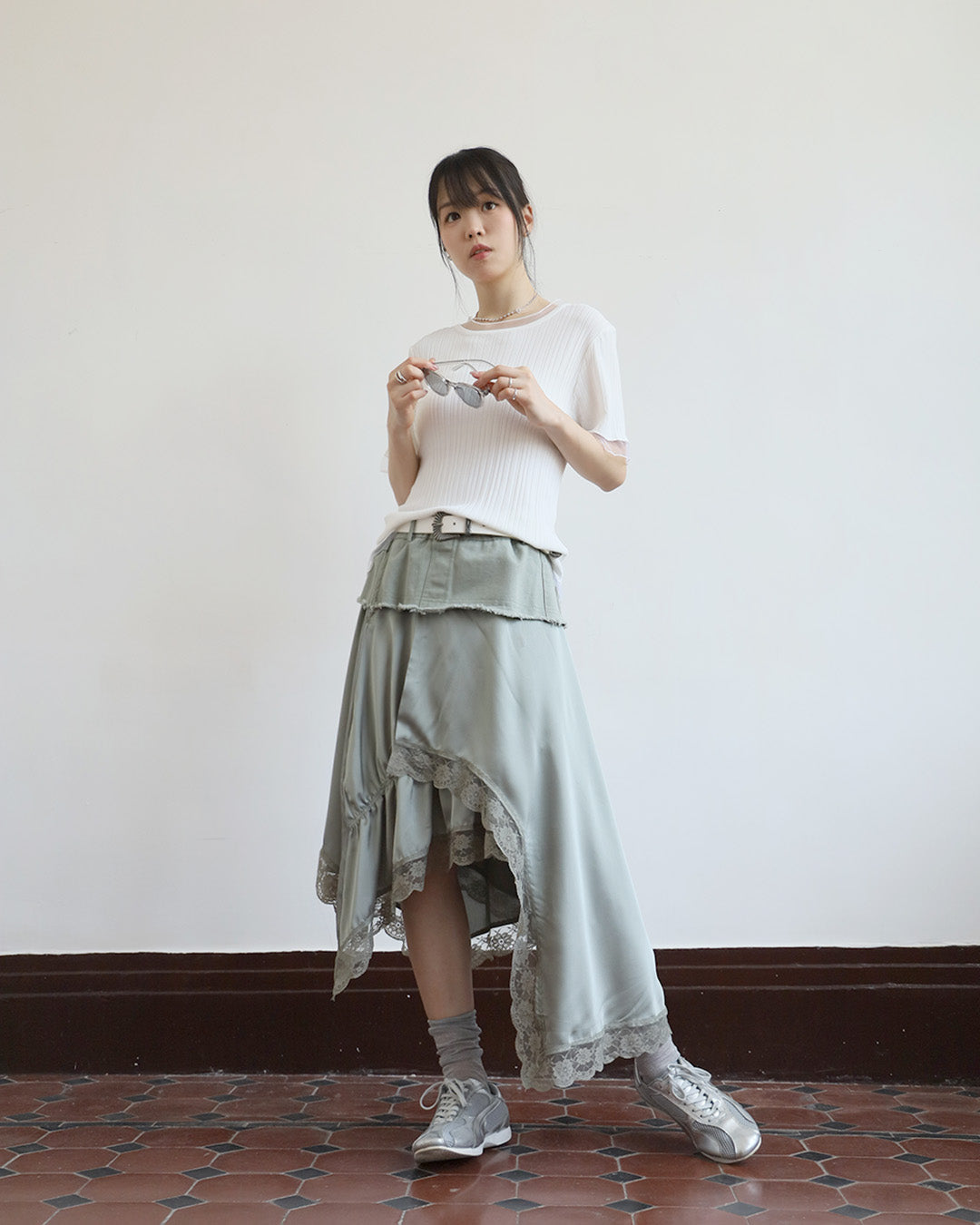 Denim x Silky Layered Skirt
