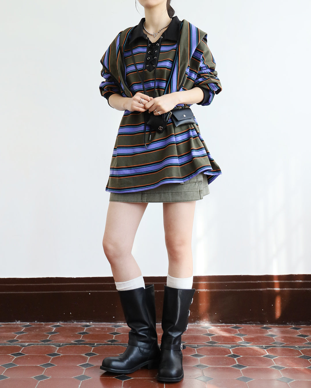 Lace Up Striped Polo Shirt w/ Scarf (Set)