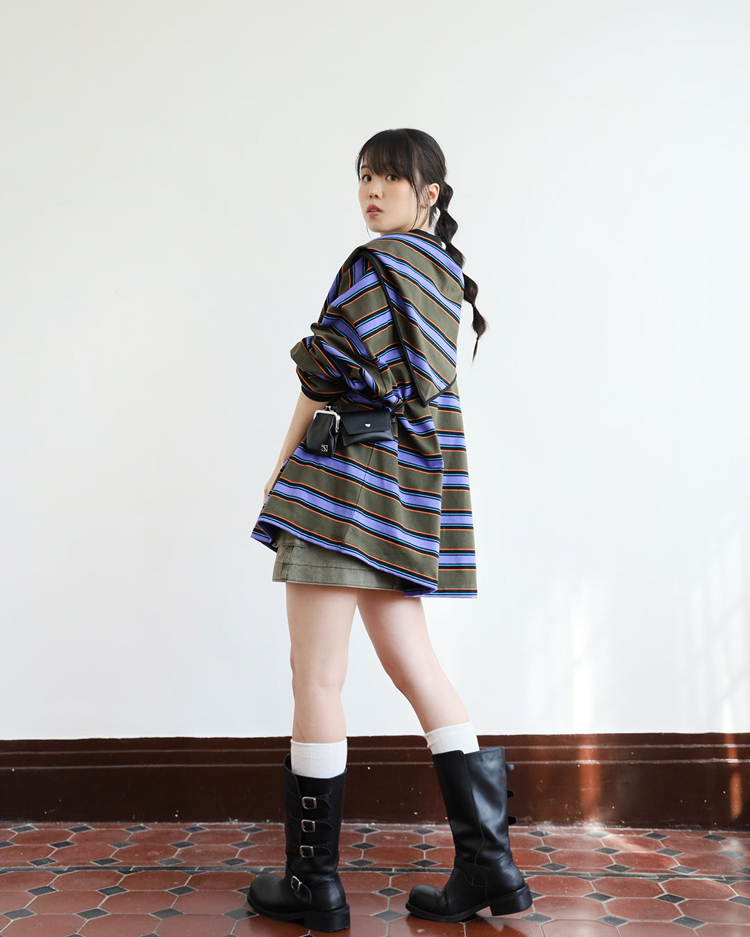 Lace Up Striped Polo Shirt w/ Scarf (Set)