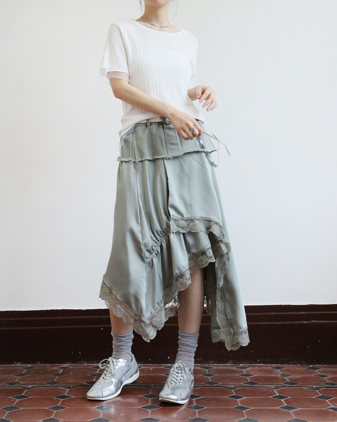 Denim x Silky Layered Skirt