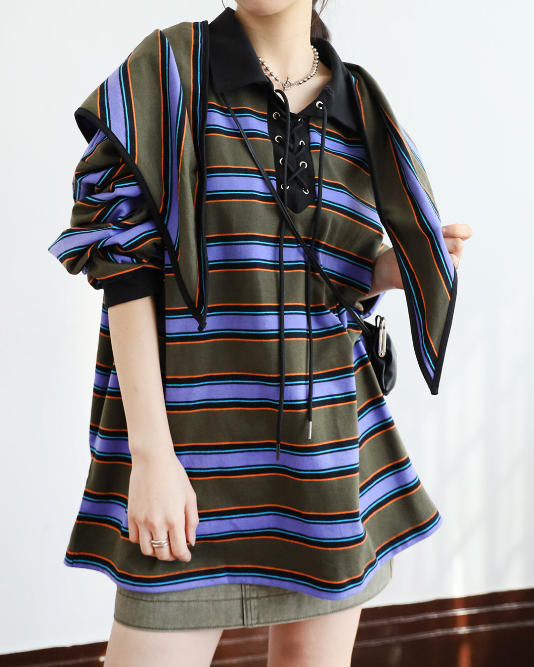 Lace Up Striped Polo Shirt w/ Scarf (Set)