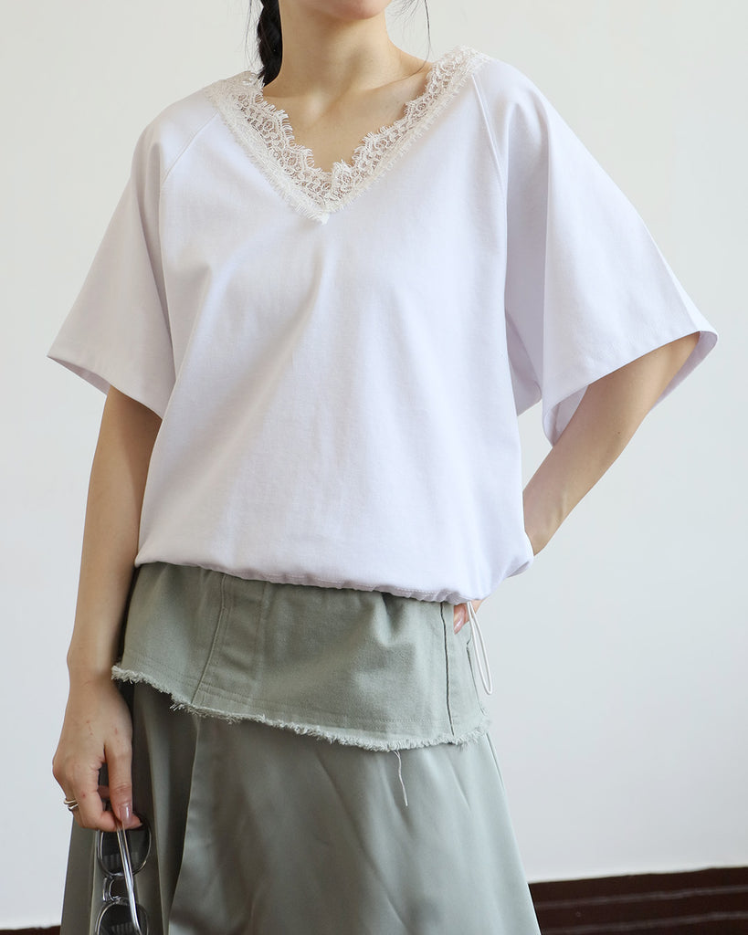 Lace Trim Drawstring Hem Top (2 colors)