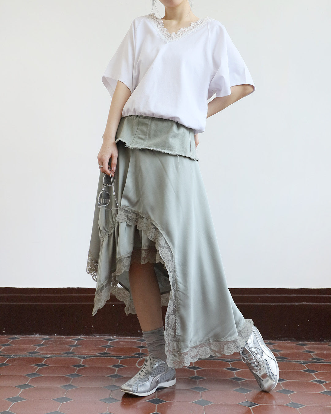 Denim x Silky Layered Skirt