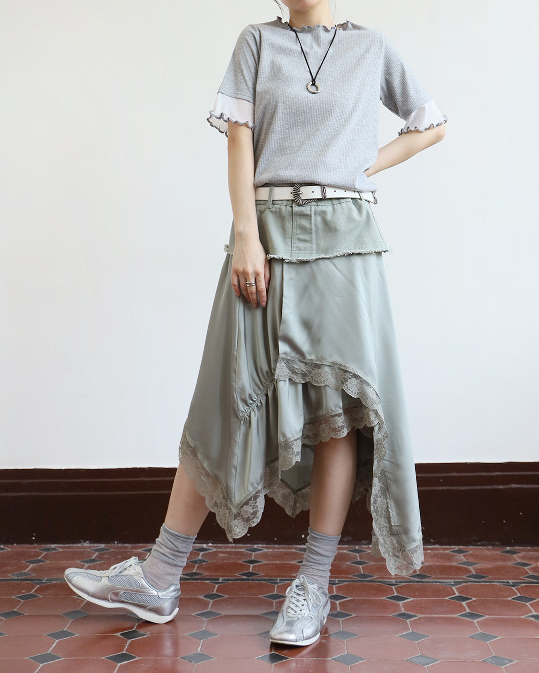 Denim x Silky Layered Skirt