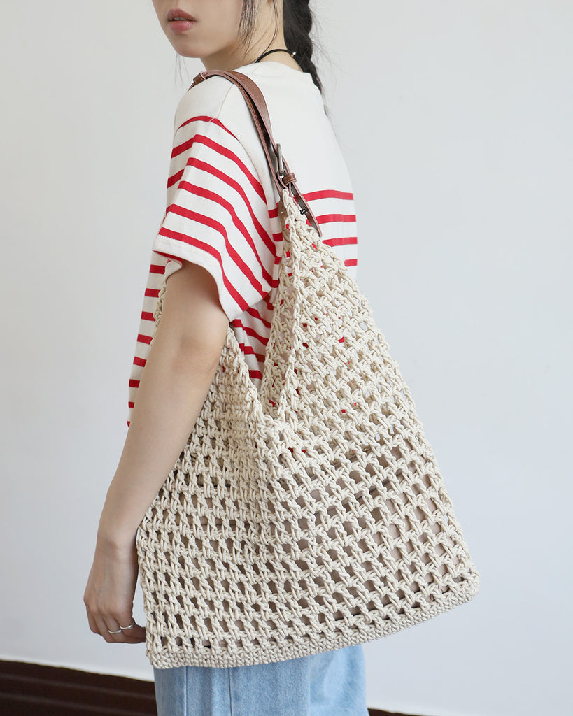 Leather Handle Raffia Tote Bag
