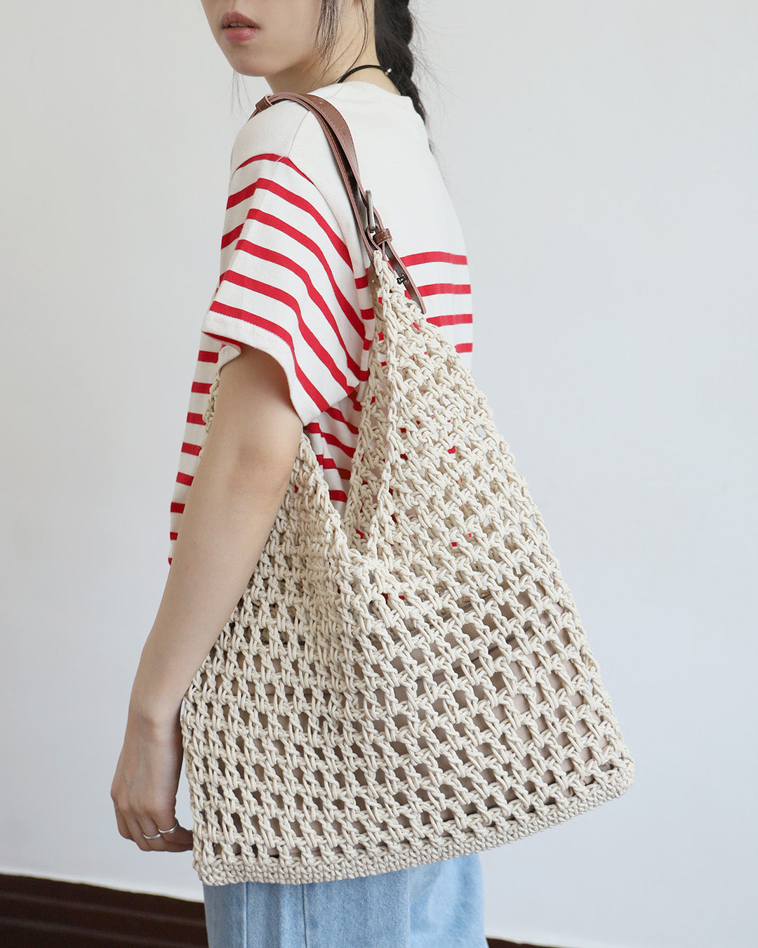 Leather Handle Raffia Tote Bag