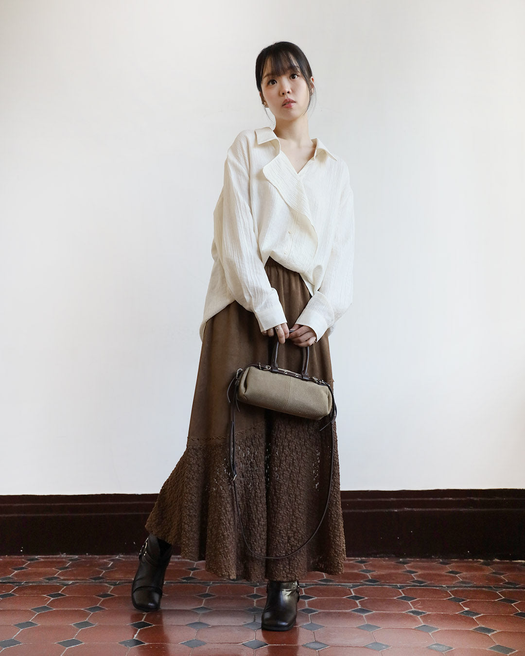 Faux Suede Lace Hem Skirt (2 Colors)