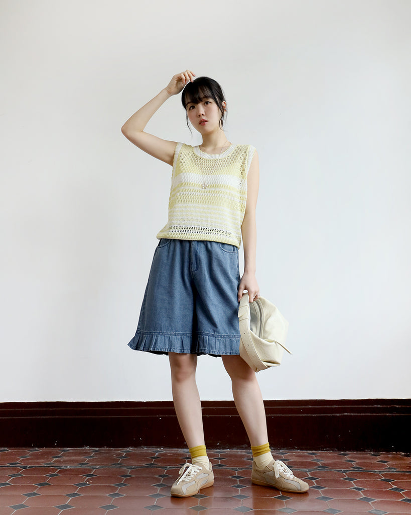 Pleated Hem Denim Shorts
