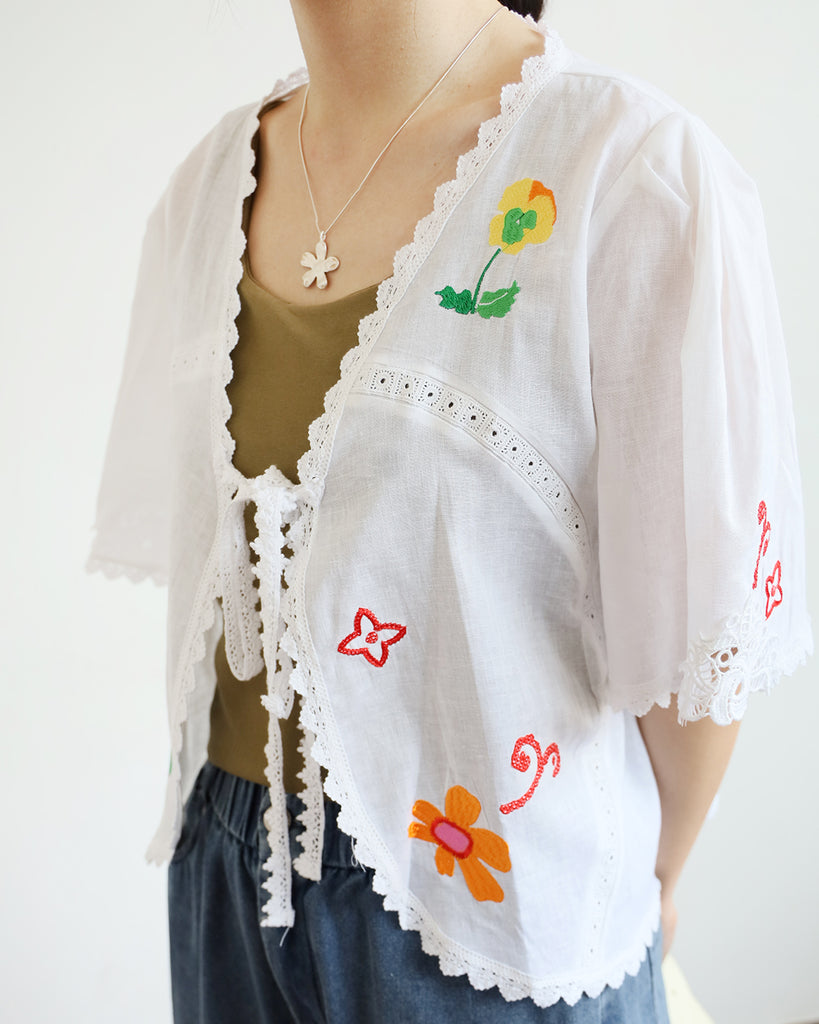 Embroidery Tie Front Blouse (2 color)
