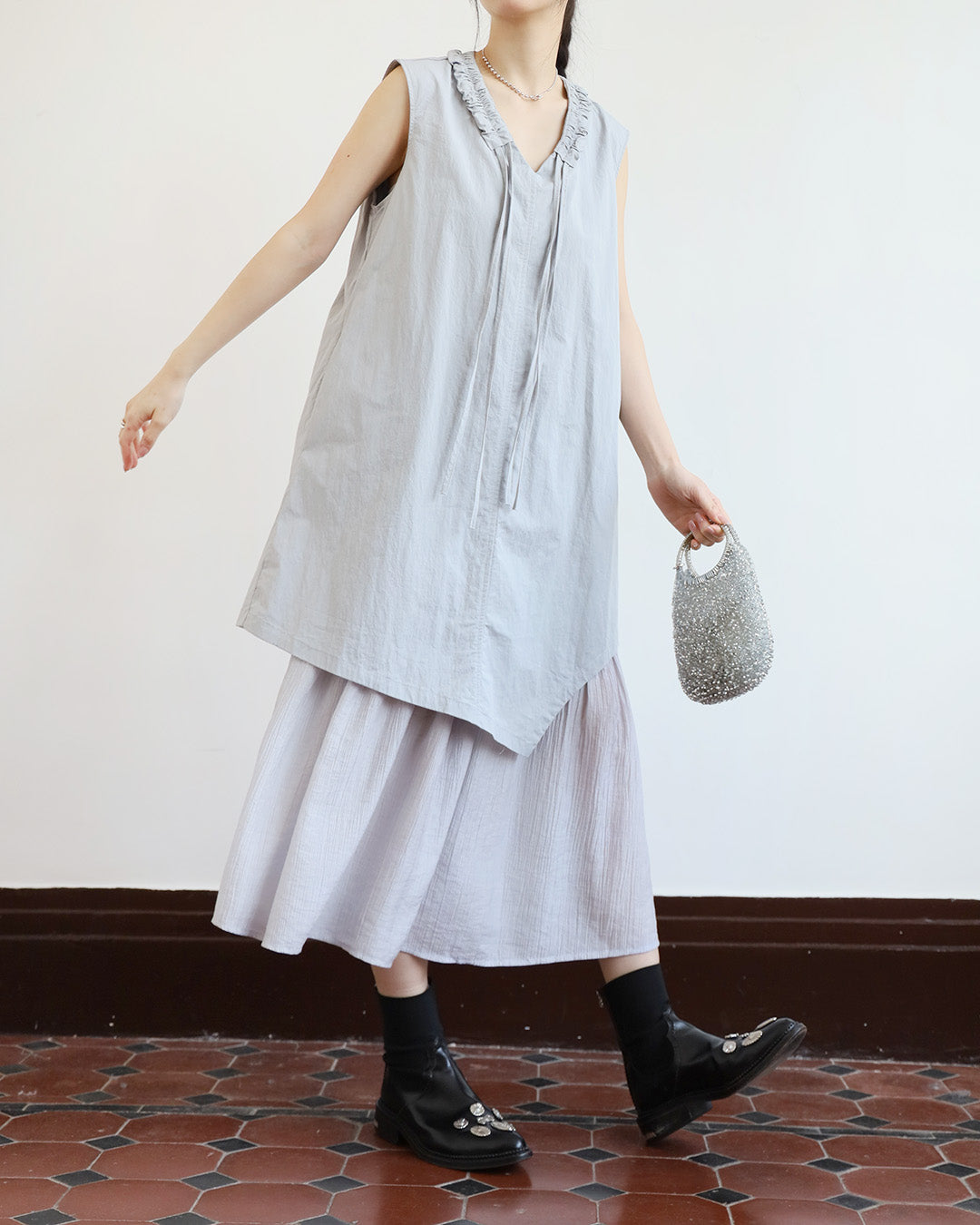 V-Neck Drawstring Layered Dress (2 Colors)
