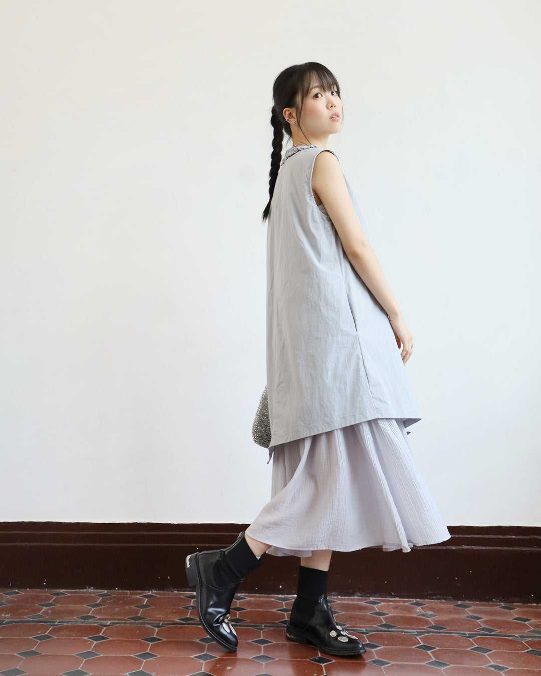 V-Neck Drawstring Layered Dress (2 Colors)