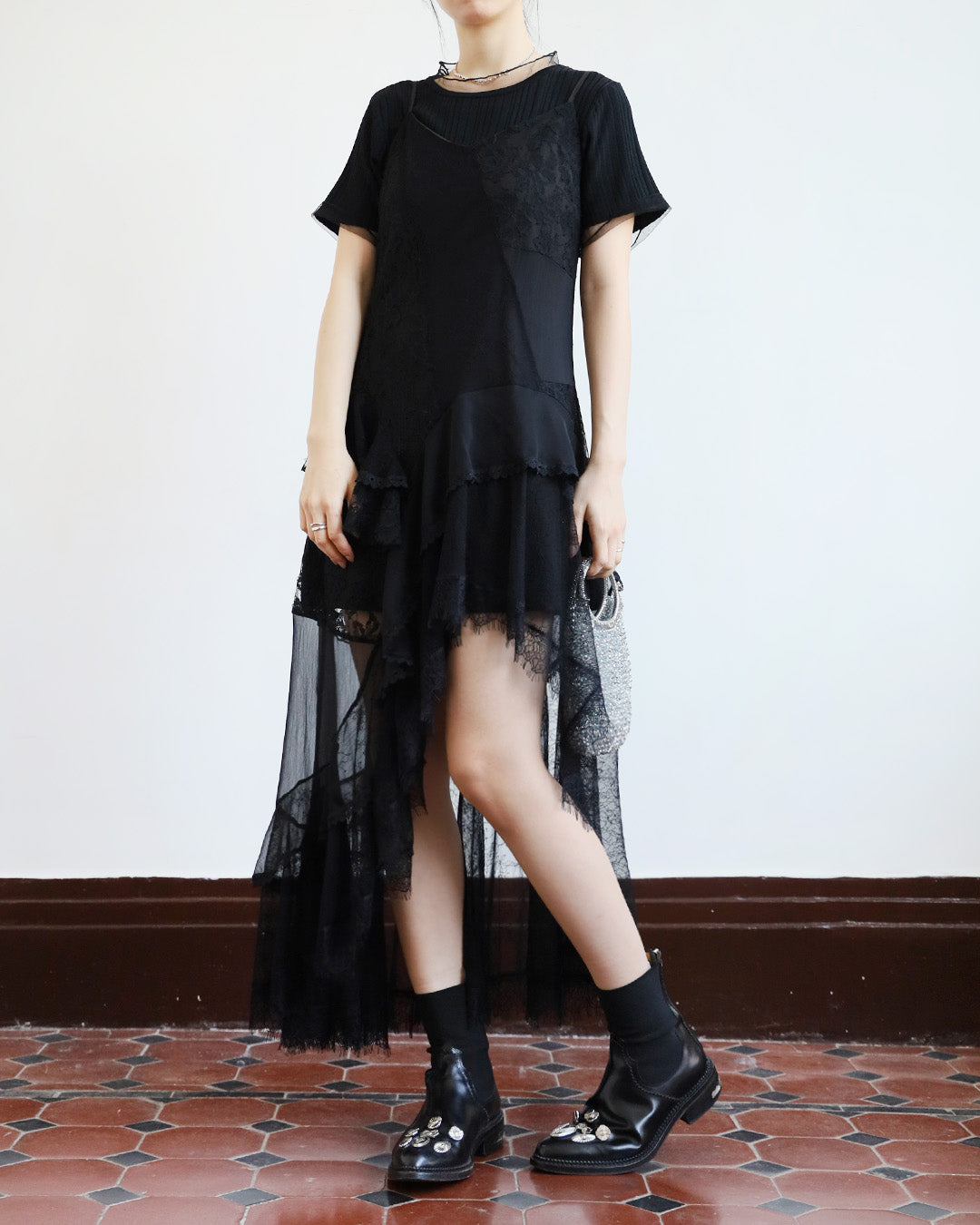 Lace Patchwork Ruffle Layer Dress ( 2 Colors)