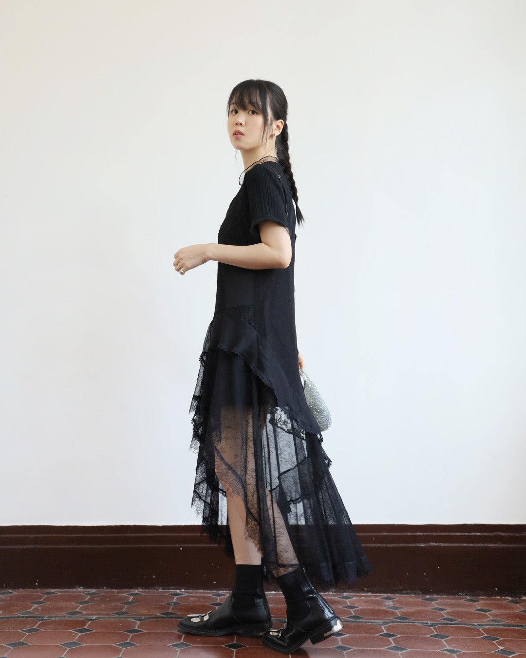 Lace Patchwork Ruffle Layer Dress ( 2 Colors)
