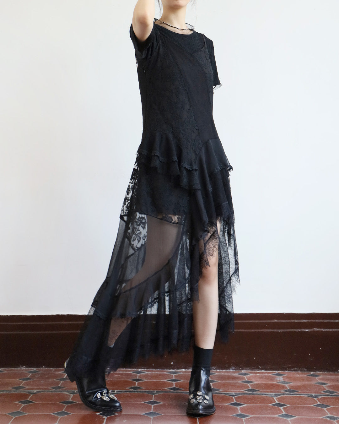 Lace Patchwork Ruffle Layer Dress ( 2 Colors)