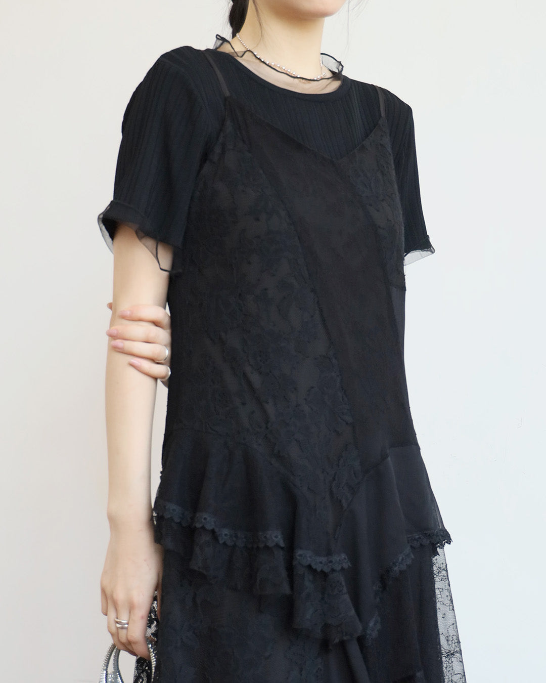 Lace Patchwork Ruffle Layer Dress ( 2 Colors)