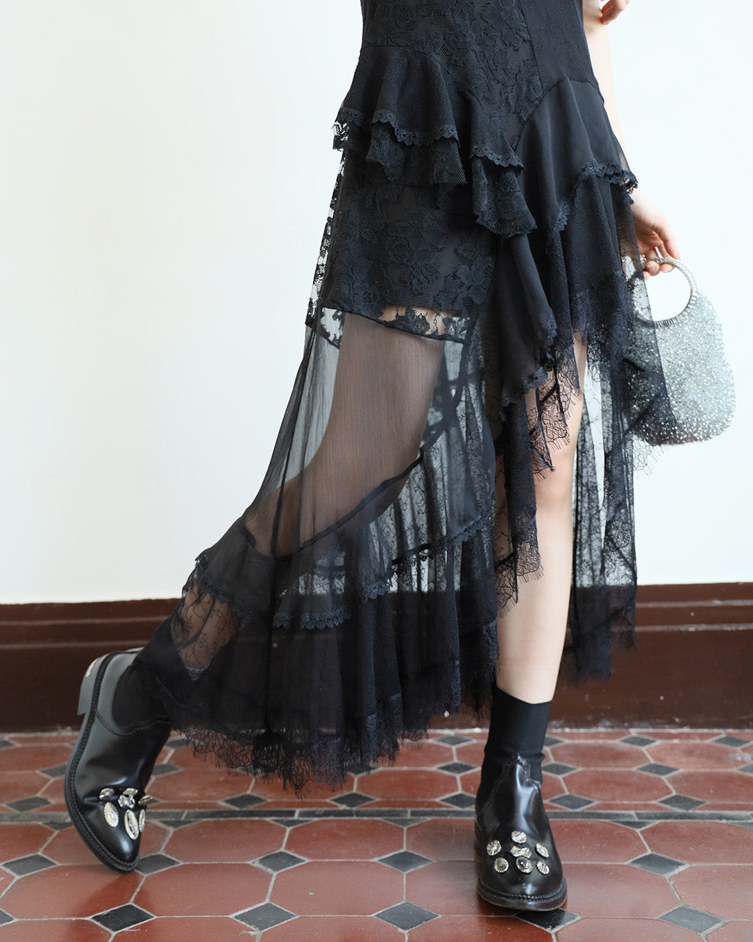 Lace Patchwork Ruffle Layer Dress ( 2 Colors)