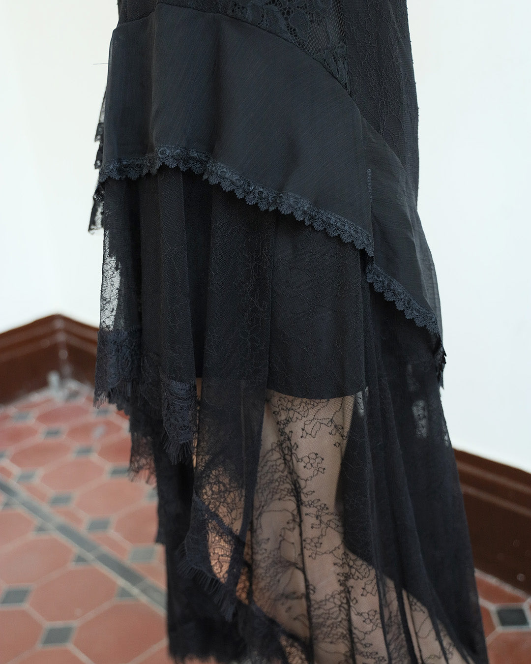 Lace Patchwork Ruffle Layer Dress ( 2 Colors)