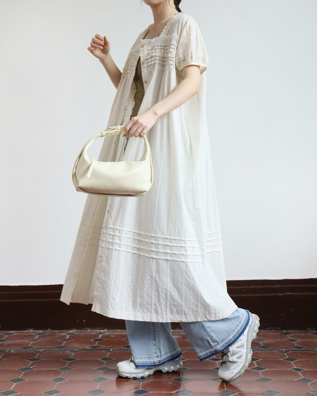 Square Collar Pintuck Details Dress