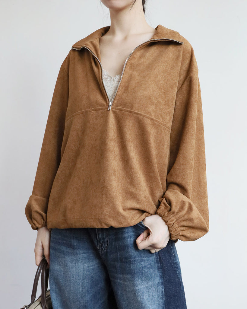 Faux Suede Half-zip Top (2 Colors)