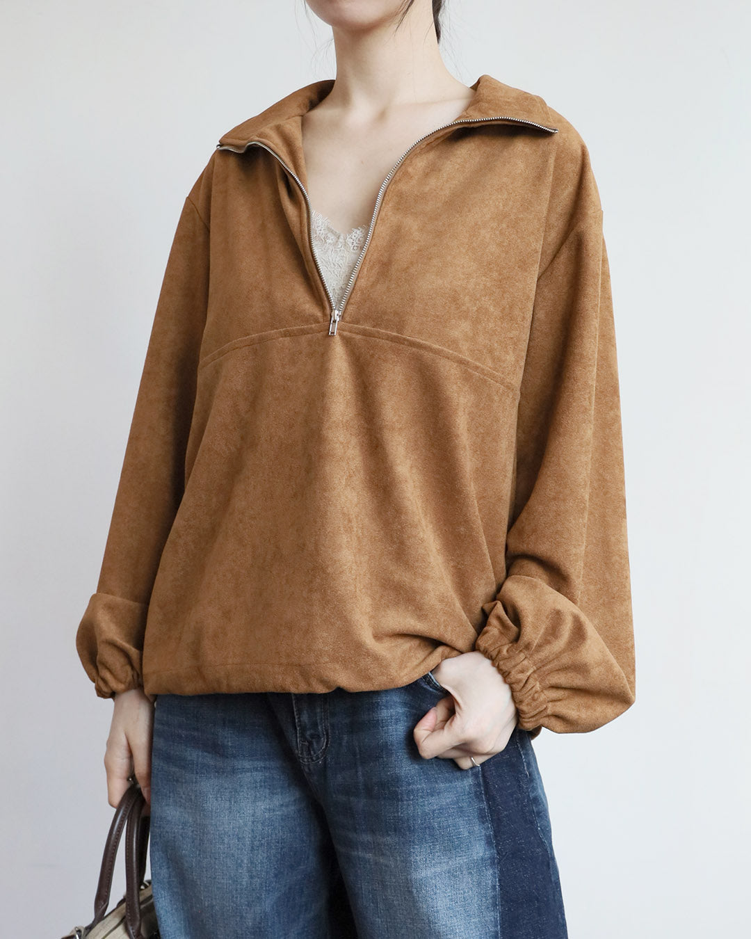 Faux Suede Half-zip Top (2 Colors)