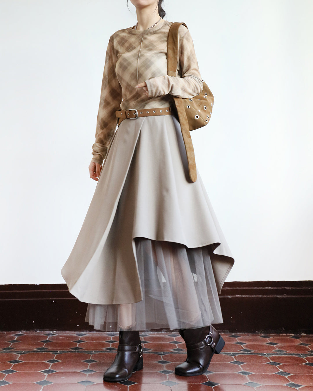 Asymmetric Mesh Layer Skirt (2 color)