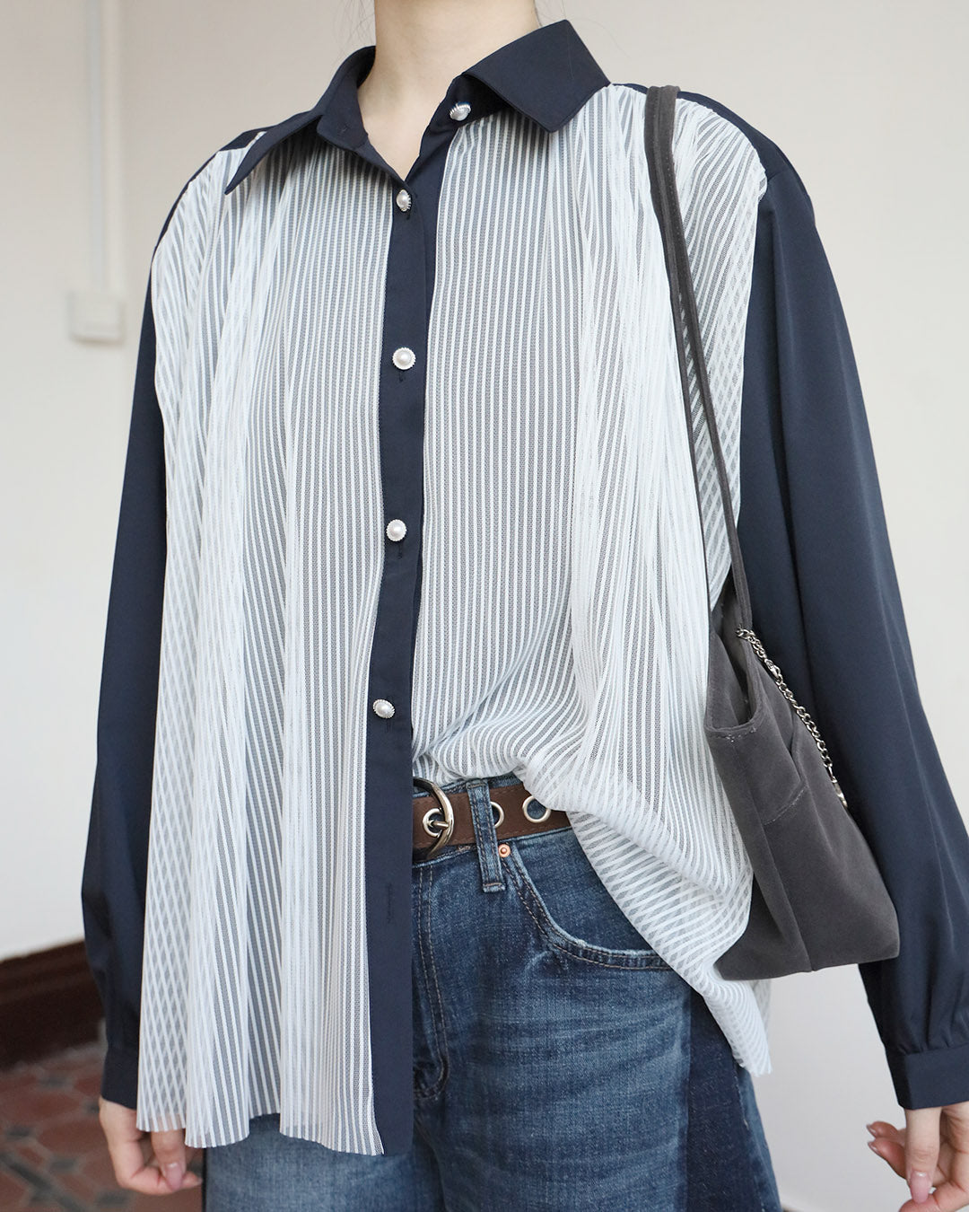 Mesh Layer Pinstriped Shirt (2 Colors)