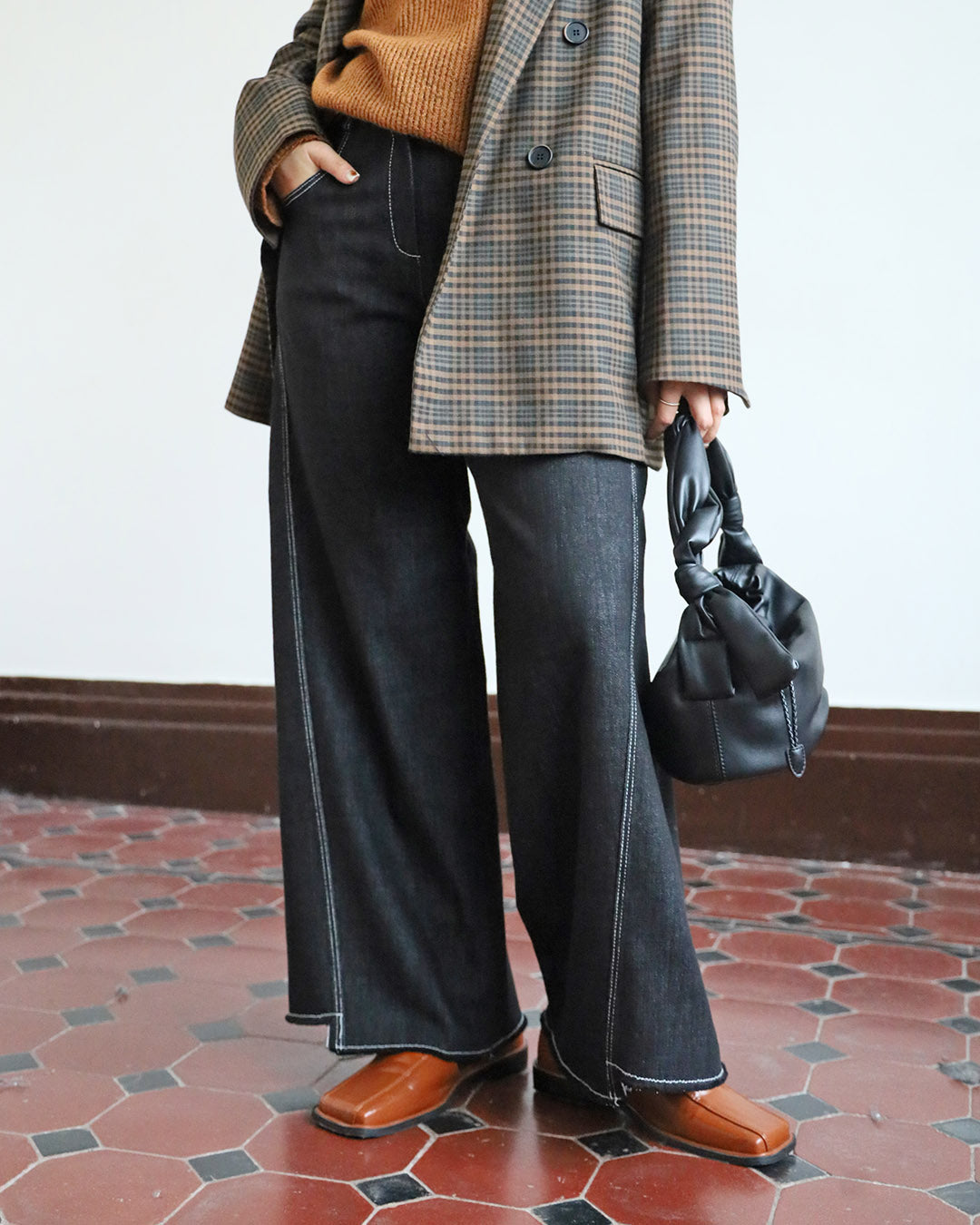 Contrast Stich Wide Leg Jeans (2 color) (Size S-L)