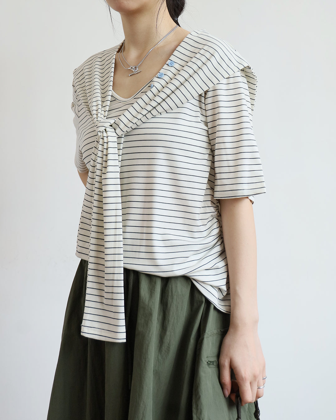 V-neck Striped Top w/ Scarf (2 colors)