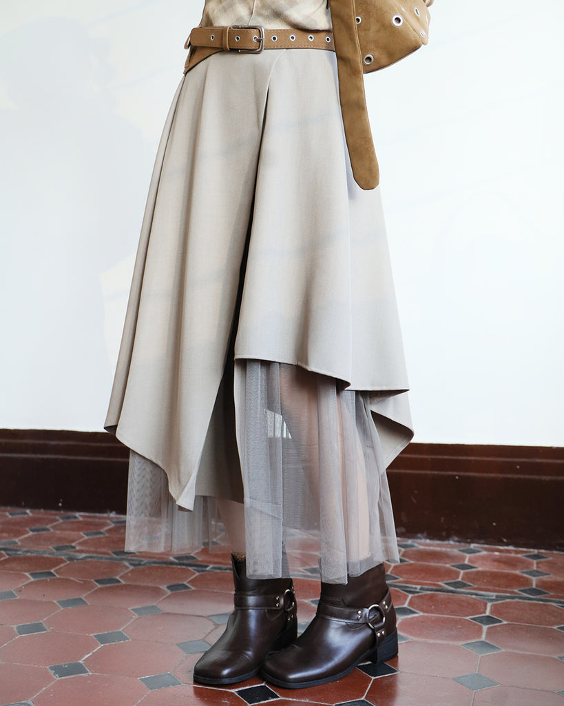 Asymmetric Mesh Layer Skirt (2 color)
