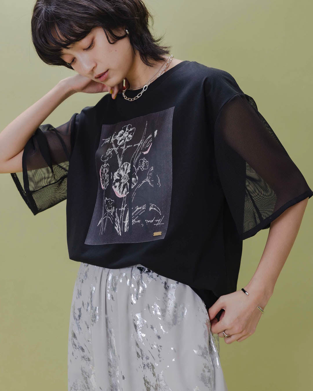 Mesh Sleeved Print Tee (2 Color)
