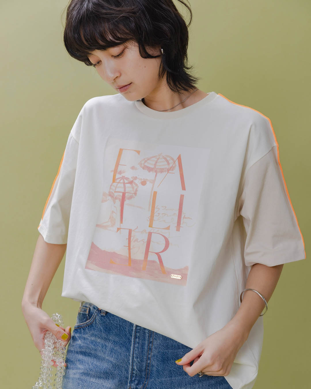 Contrast Trim Printed Tee (2 Color）