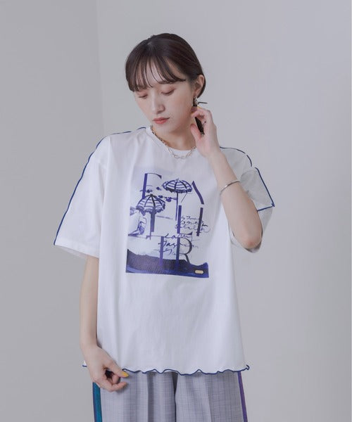 Contrast Trim Printed Tee (2 Color）