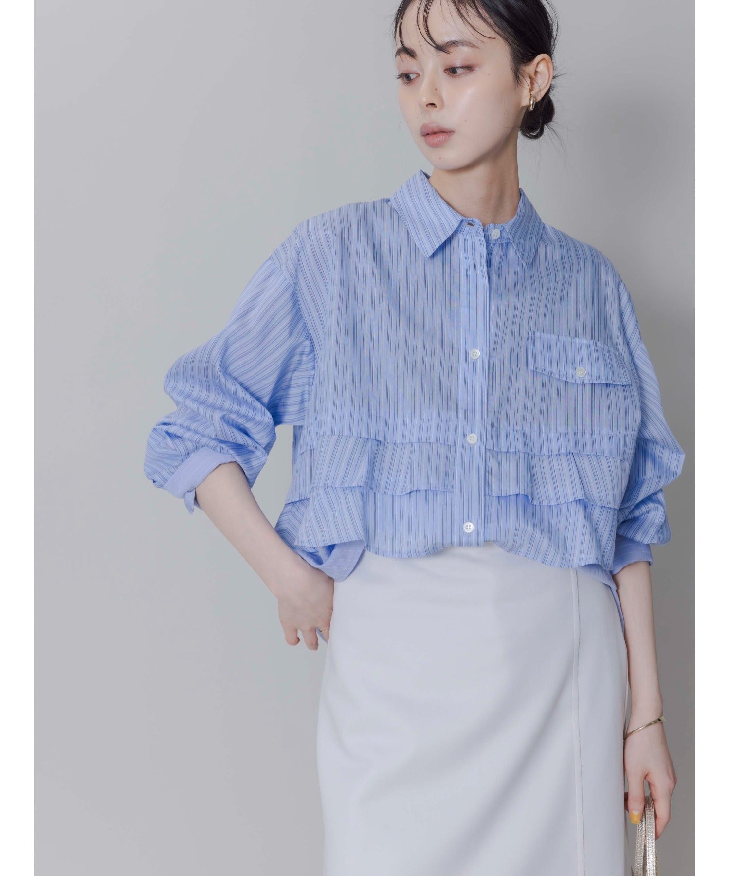 Ruffle Layer Pinstriped Shirt (2 Color)