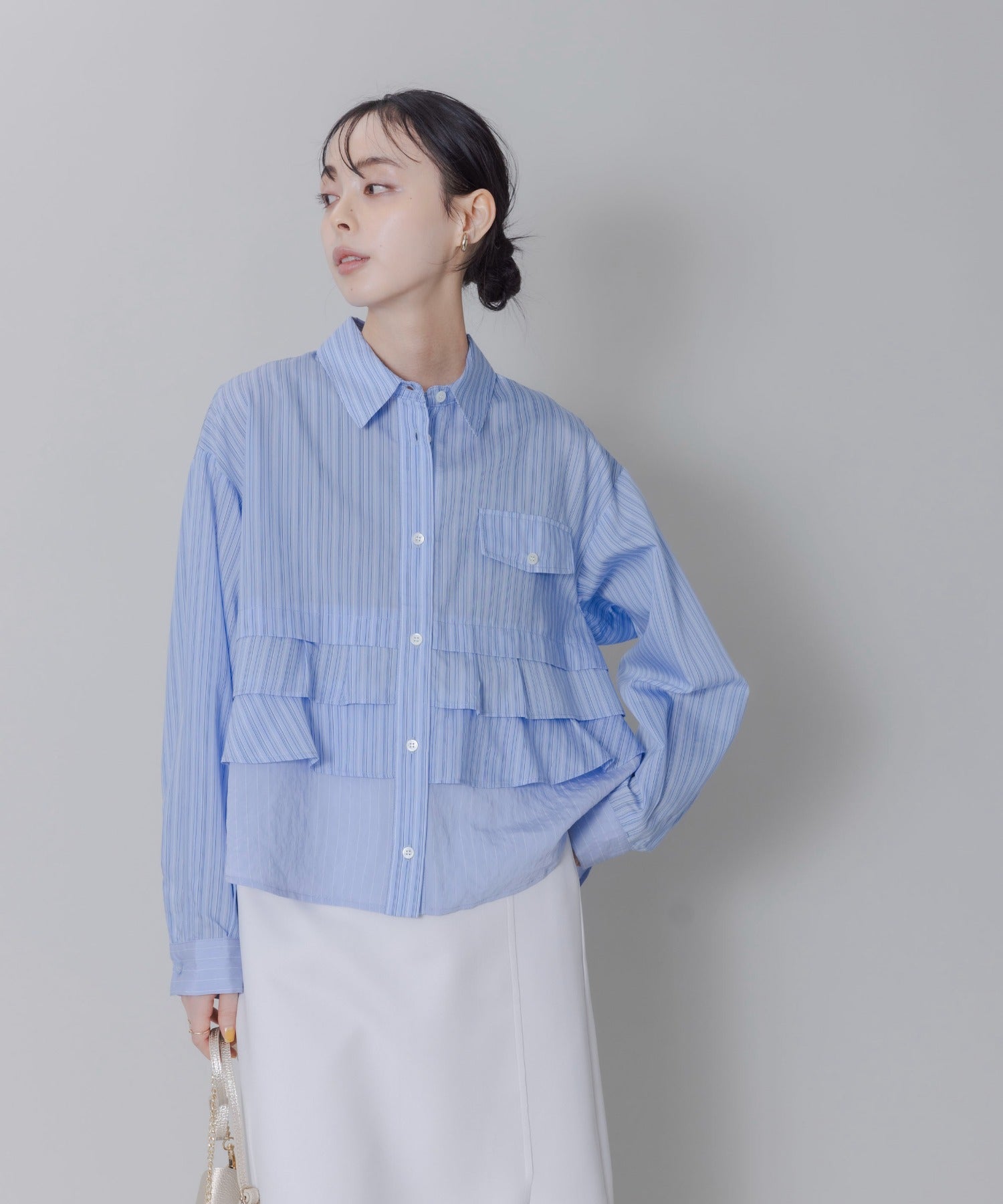 Ruffle Layer Pinstriped Shirt (2 Color)