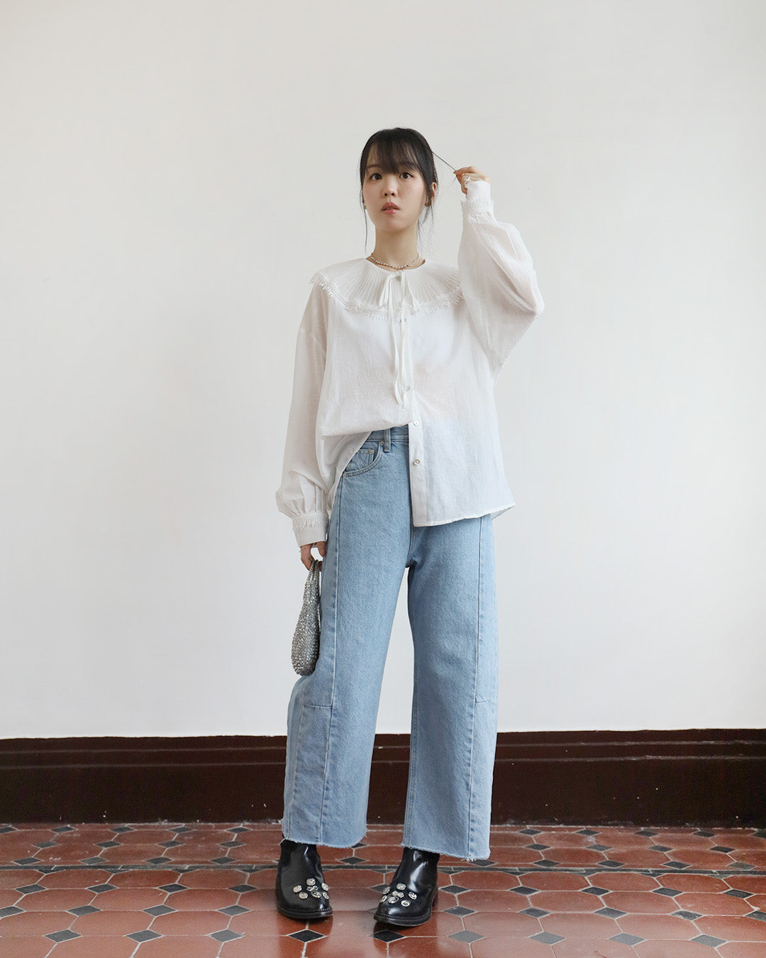 Mesh Pleated Collar Shirt