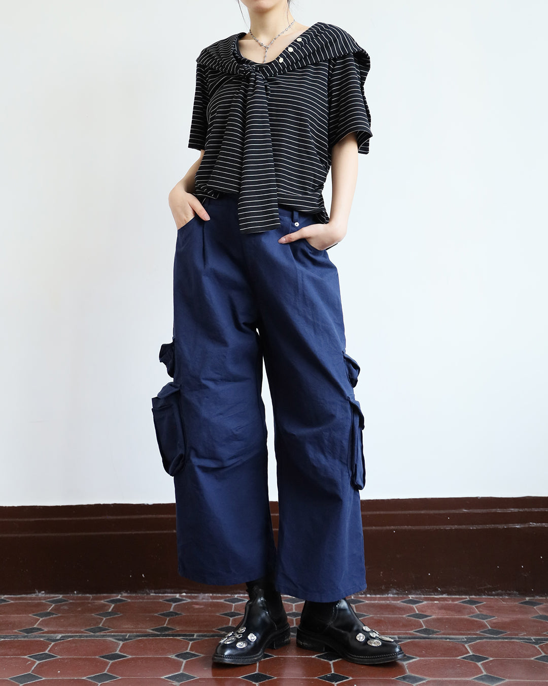 V-neck Striped Top w/ Scarf (2 colors)