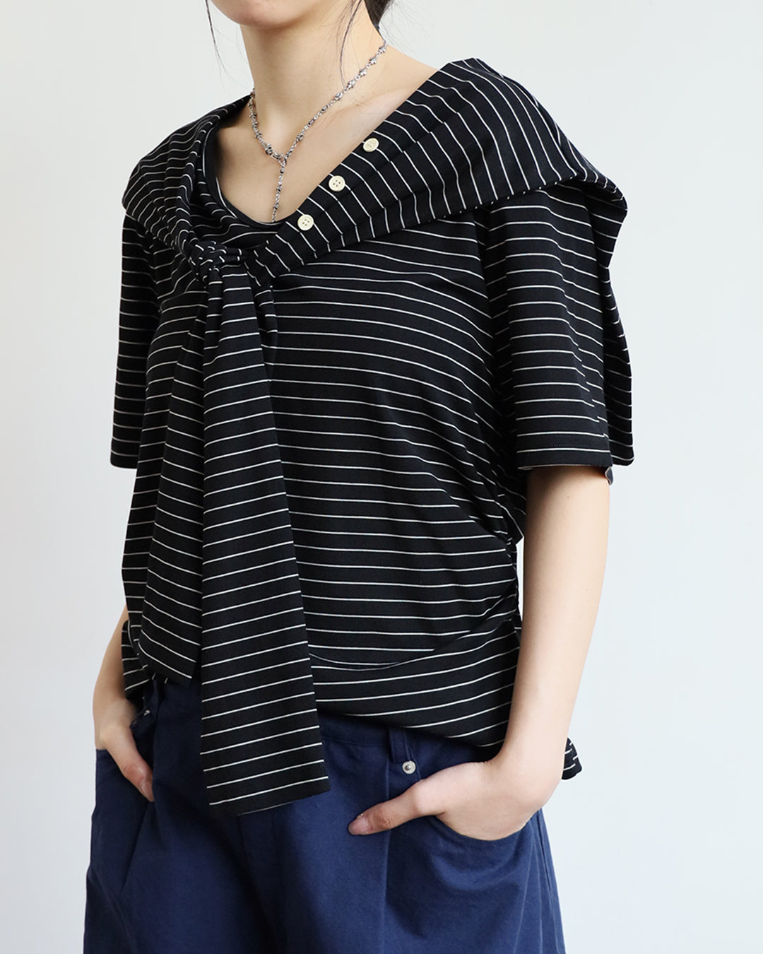 V-neck Striped Top w/ Scarf (2 colors)