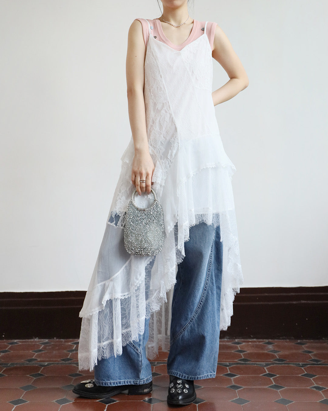 Lace Patchwork Ruffle Layer Dress ( 2 Colors)
