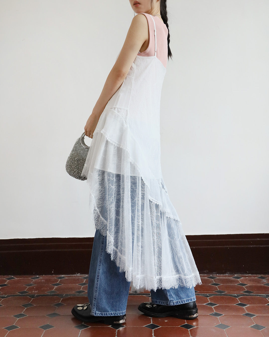 Lace Patchwork Ruffle Layer Dress ( 2 Colors)