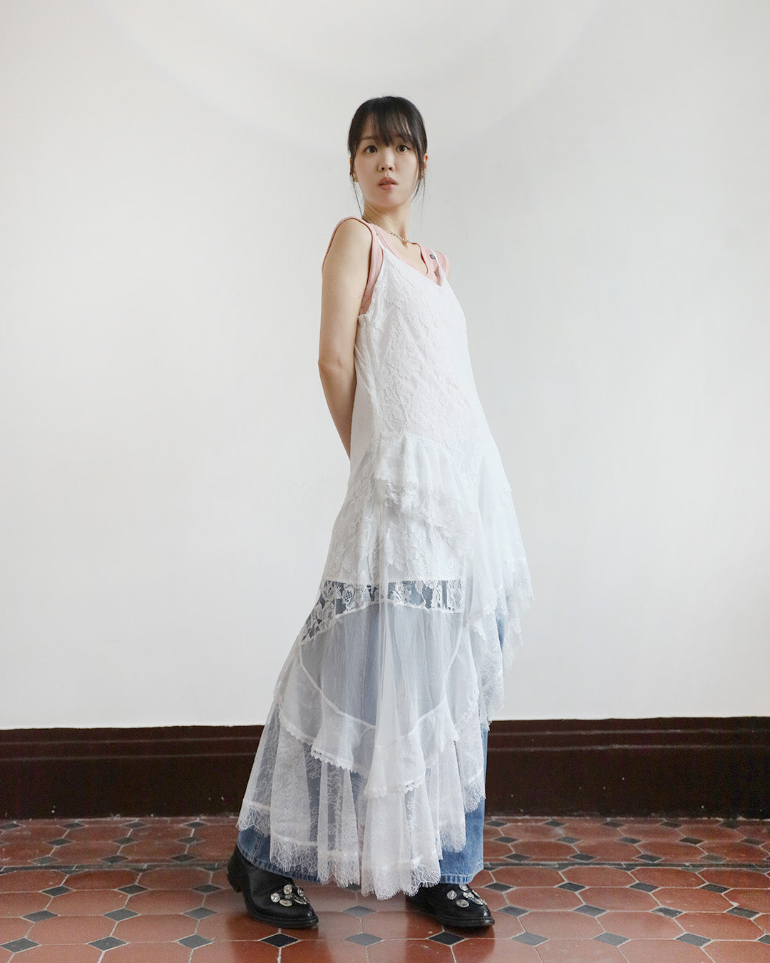 Lace Patchwork Ruffle Layer Dress ( 2 Colors)