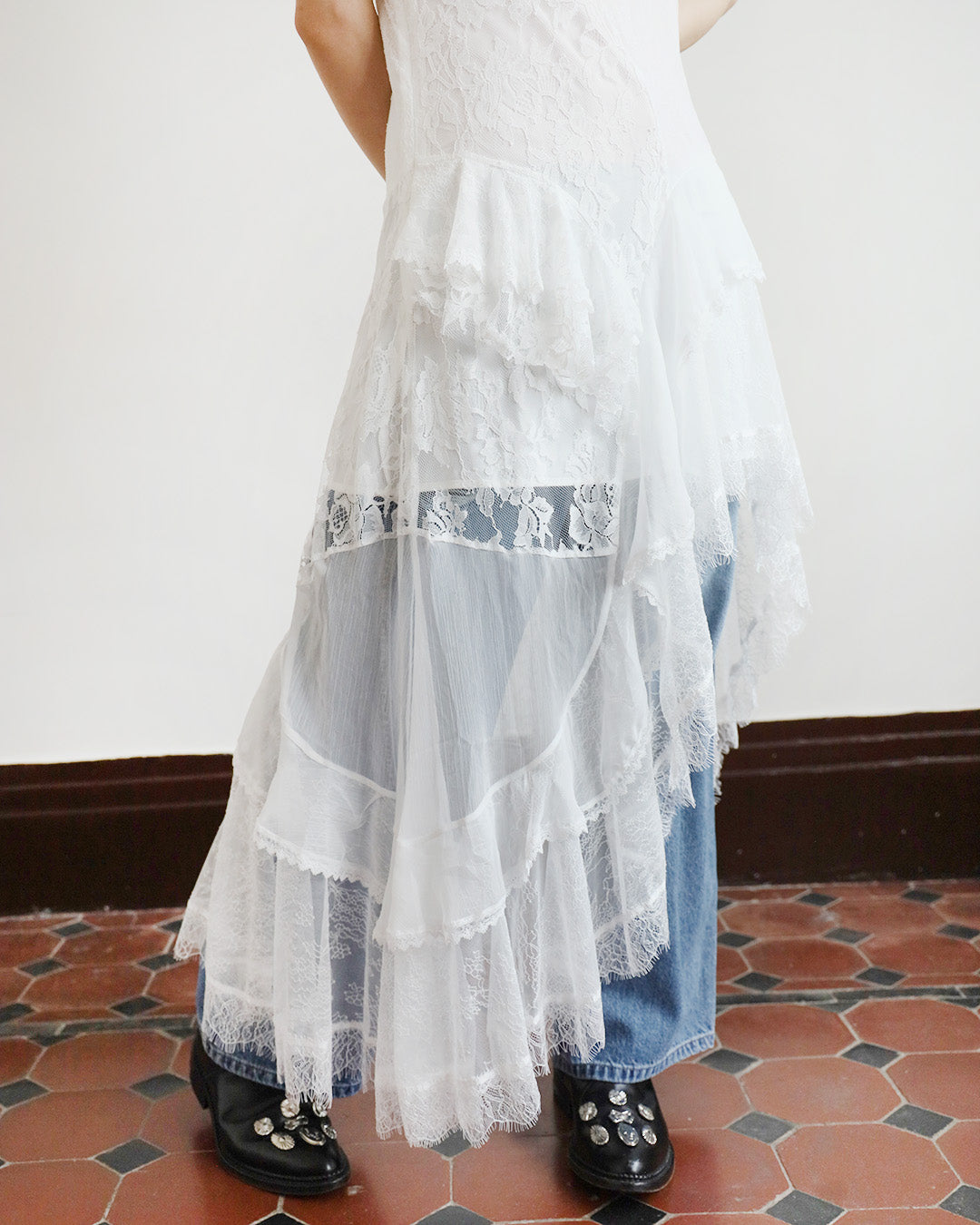 Lace Patchwork Ruffle Layer Dress ( 2 Colors)