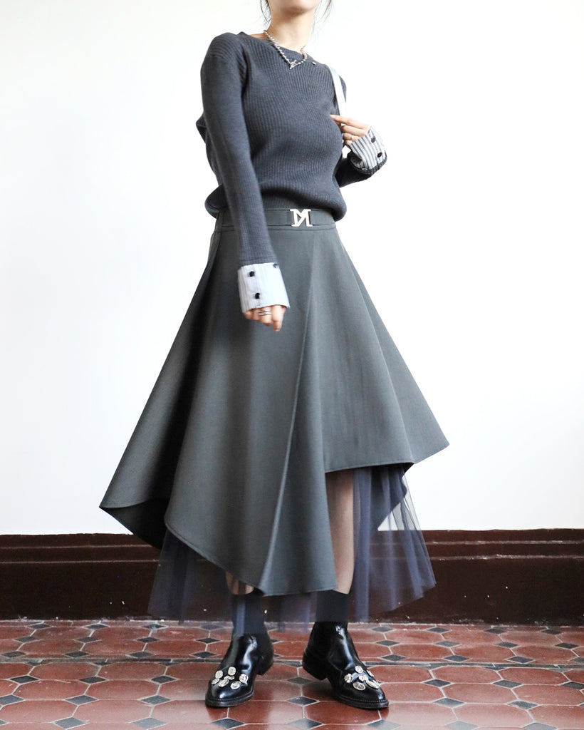 Asymmetric Mesh Layer Skirt (2 color)